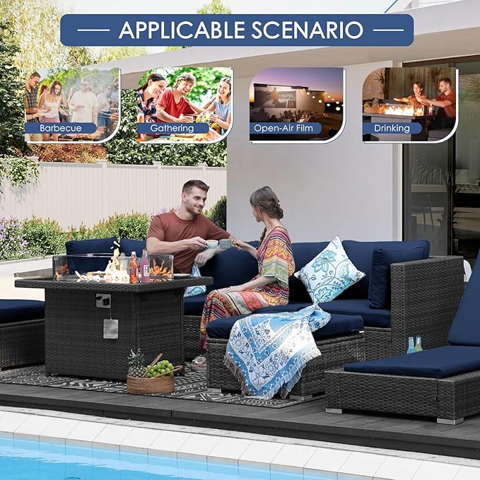 NICESOUL 7 Piece High-End Outdoor Furniture Sofa Set, 29.3'' High Back XL Large Grey Wicker Patio Modular Sectional with Side Tables, All-Weather Couches for Backyard Deck, 2 Color Cushion Navy & Grey