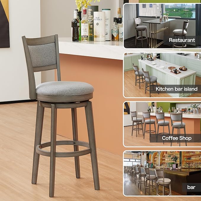 PrimeZone Swivel Bar Stools Set of 6, 30 Inch Bar Height Barstools, High Back Bar Stool with Solid Wood Legs & Wrap-Around Footrest, Counter Stools for Kitchen Island, Pub, Grey