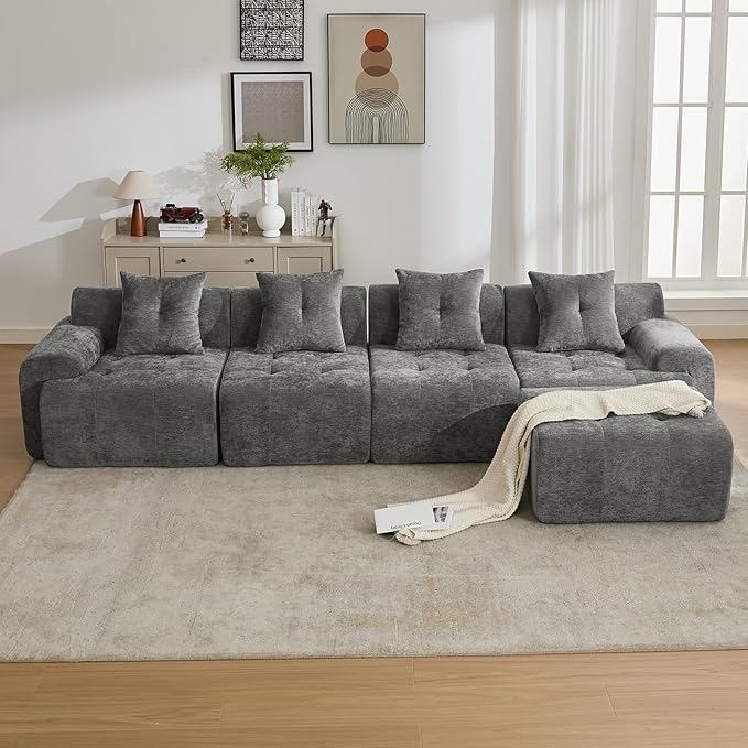 129.23”Modular Sectional Couch for Living Room, Modren L-Shape Cloud Sectional 4-Seater Sofa with Movable Ottoman, Woven Texture Upholstery Boneless Couch, No Assembly, Grey