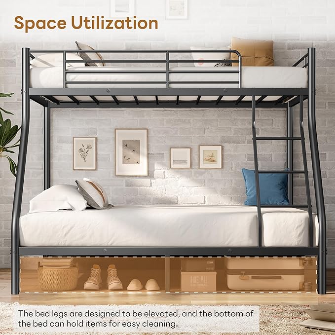 Bellemave Twin Over Full Bunk Bed for Teens, Twin Over Full Bunk Bed Frame with Build in Ladder and Full Length Guardrail, Easy Assemble Bunkbeds, Mattress Not Included, Black