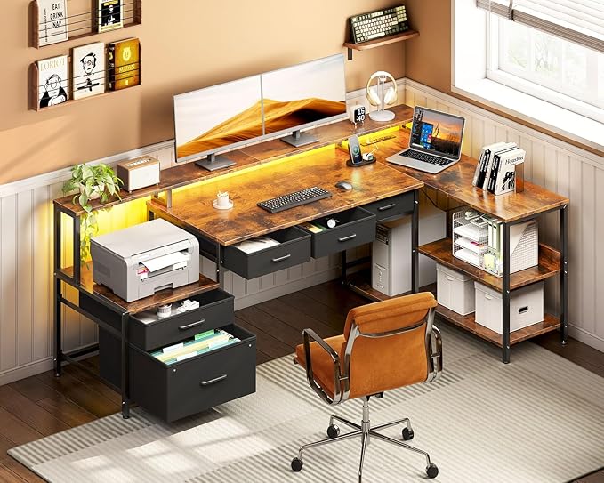 AODK L Shaped Desk with 5 File Drawers, 66" Reversible L Shaped Computer Desk with Power Outlet & LED Strip, Office Desk with Storage Shelves, Gaming Table with Monitor Shelf, Corner Table, Vintage