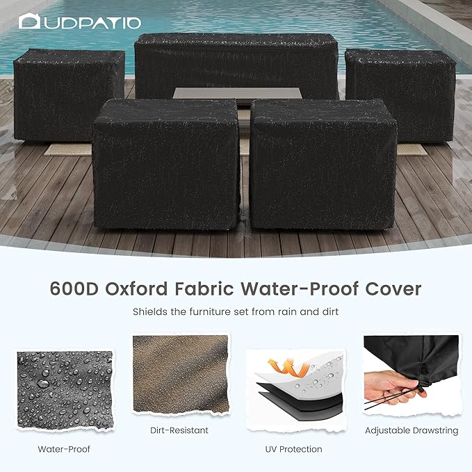 UDPATIO 6 Piece Aluminum Patio Furniture Set 7 Seats Modern Outdoor Furniture Faux Wood Grain Patio Conversation Sets with Olefin Fabric Thick Cushions, 600D Waterproof Cover Included, Light Grey