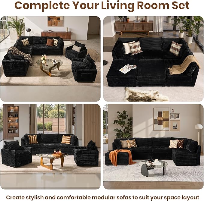 130'' Modern Modular Sectional Sofa with Ottoman, 7 Pieces L Shaped Cloud Couch for Living Room, Oversized Deep Seat Convertible Sofa Set, Plush Corduroy Black