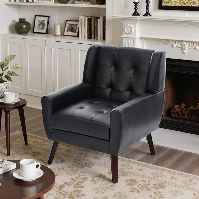 Faux Leather Accent Chairs Set of 2, Mid-Century Modern Upholstered Armchair, Comfy Living Room Chairs Reading Chairs with Button Tufted Back & Solid Wood Legs for Bedroom, Office, Black