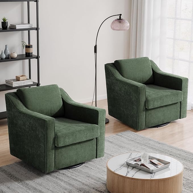 UIXE Swivel Accent Chair, Chenille Fabric Upholstered Arm Chair for Living Room, Modern Club Armchair Comfy Single Sofa Bedroom Reading Seat with Lumbar Pillow - Green