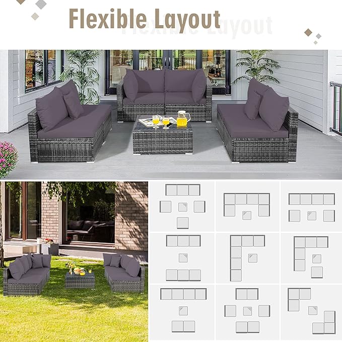 Tangkula 7 Pieces Patio Rattan Furniture Set, Patiojoy Outdoor Conversation Set with Cushions and Tempered Glass Coffee Table, All-Weather Sectional Sofa Set for Garden, Lawn, Backyard (Grey)