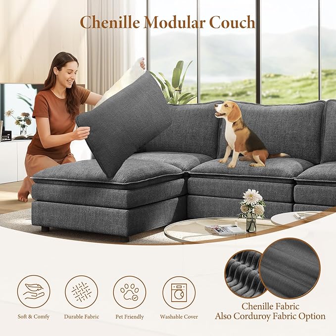 Vesgantti 108" Sectional Sleeper Sofa, 6-Seater Oversized Modular Cloud Couch with Movable Ottoman, Chenille Large Sofa Bed Convertible Deep Seat Couches for Living Room, Bedroom and Apartment, Gray