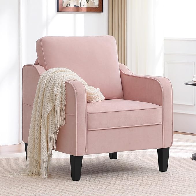 Accent Chairs Set of 2, Upholstered Living Room Chair with Side Pockets, Mid Century Modern Reading Chair for Bedroom, Comfy Armchair Single Sofa Side Chair for Office, Small Room, Pink