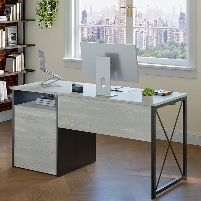 Bestier Office Desk with Drawers, 55 inch Industrial Computer Desk with Storage, Wood Teacher Desk with Keyboard Tray & File Drawer for Home Office, Wash White