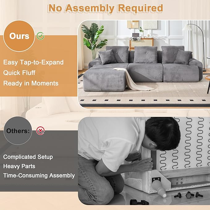 118" Modular Sectional Sofa, Cloud Sectional Couch with Deep Seat, Modern Modular Sofa with L Shaped Comfy Cloud Upholstered Boneless Couches for Living Room Bedroom, Grey