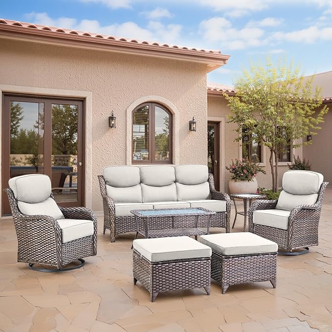 Swivel Patio Chairs Set of 3 with 6" Thick Cushion - Wicker Outdoor Swivel Rocker Patio Chairs with Side Table, High Back Comfortable Outdoor Glider Chair - Brown Wicker | Beige Cushions