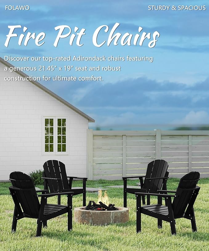Adirondack Chair, All Weather HDPE Fire Pit Chairs, Oversized Plastic Adirondack Chair for Outdoor, Balcony, Deck, Backyard, Patio, Garden, Poolside, Lawn Black