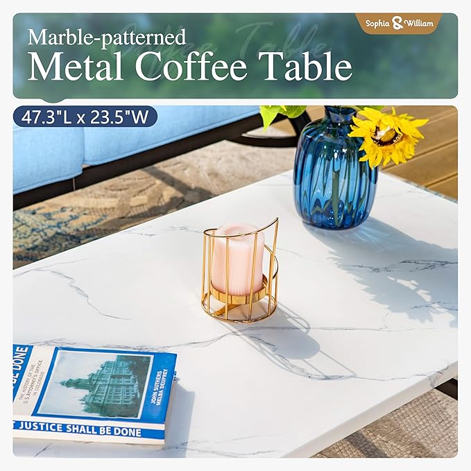 Sophia & William Patio Furniture Sets for 7 Outdoor Conversation Set 6 Pcs with 4 x Armrest Cushioned Sofa Chairs, 1 x 3-Seat Sofa, 1 Marbling Metal Coffee Table Garden Backyard Poolside Blue