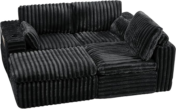 114" Cloud Boneless Sectional Couches for Living Room, Modular Sectional Sofa with Cup Holder, Cozy Fluffy L Shaped Deep Seat Couch with Storage Pocket, No Assembly Required, Dark Black