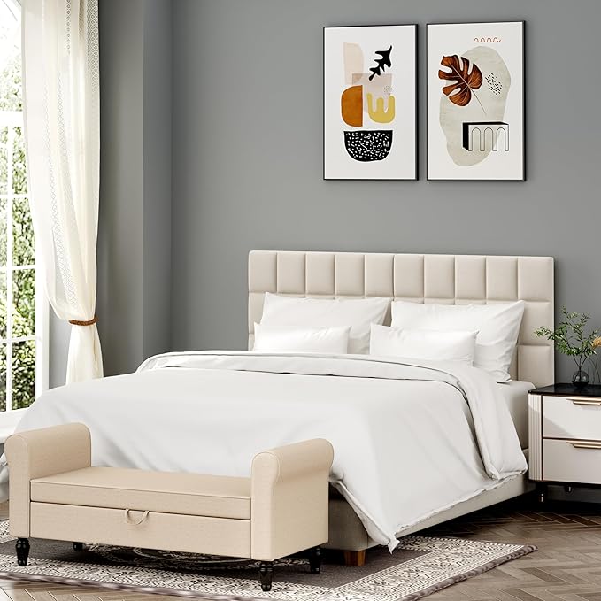 ALISH Velvet Tufted Headboard with Adjustable Height and Width, Foldable Upholstered Headboard with Metal Legs for King Size Metal and Wood Bed Frame (Beige, King)