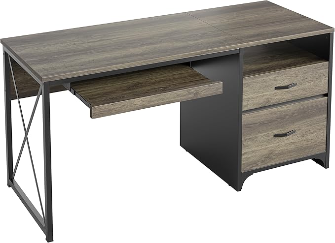 Bestier Office Desk with Drawers, 55 inch Industrial Computer Desk with Storage, Wood Teacher Desk with Keyboard Tray & File Drawer for Home Office, Dark Gray Oak