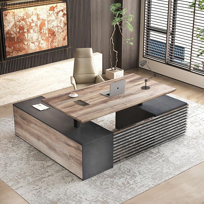 70.87" L Shaped Standing Executive Desk and 63" lateral File Cabinet, Large Adjustable Heigh Office Computer Desk with 3 Drawers,2.3" Desktop,Business Workstation,Black and Warm Oak