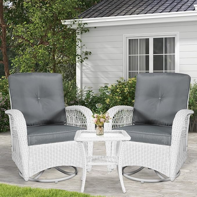 VIVIJASON 3-Piece Outdoor Conversation Bistro Set, Patio Swivel Glider Rocking Chairs Rattan Furniture Sets w/ 2 White Rattan Chairs, Glass Top Side Table for Porch Backyard, Grey Cushions