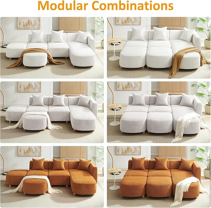 VANOMi 109.84" Modular Sectional Sofa with 3 Pillows, Convertible 5-Seater Comfy Boucle Cloud Couch with Ottoman, Modern Sectional Sofas for Living Room, Office, Apartment (Camel)