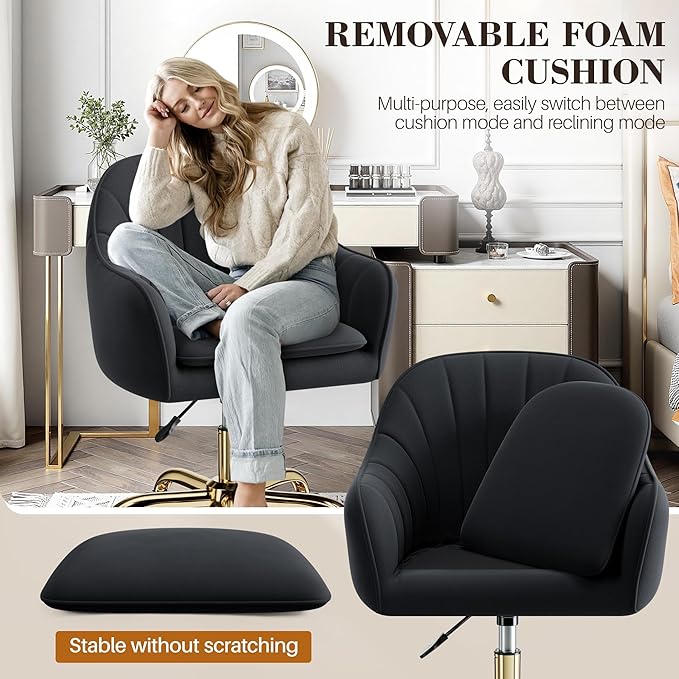 Comfy Home Office Desk Chairs Vanity Chair with Wheels Adjustable Modern Velvet Makeup Vanity Chairs for Bedroom Living Room(Black)
