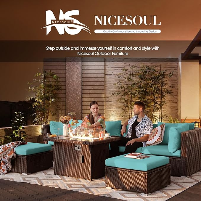 NICESOUL10 Piece Outdoor Couch Furniture Set with Fire Pit Natural Gas/Propane, 29.3'' High Back Luxury Comfortable Conversations, Deep Wide Seating Sofa Sectional, Brown and Turquoise
