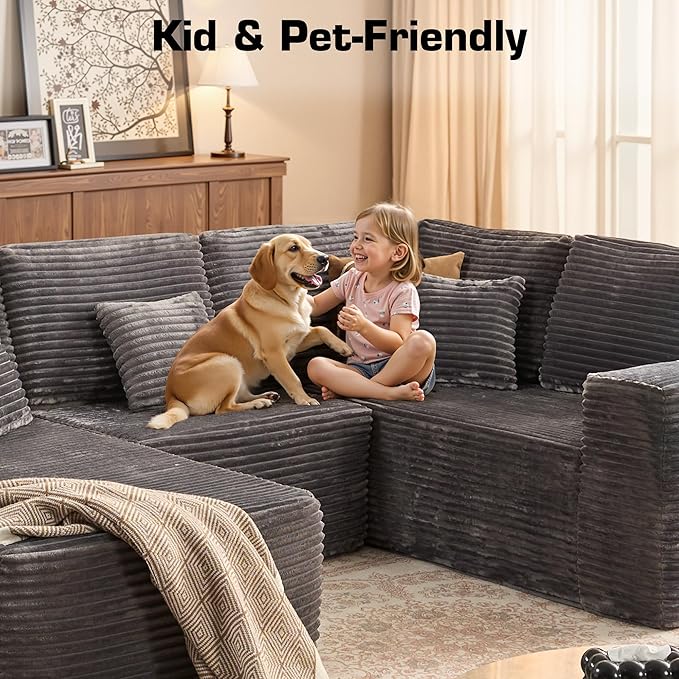 Weaxty Boneless Sectional Couch, U Shaped Modular Cloud Couches with Chaise, Plush Corduroy Memory Foam Deep Seat Floor Sofa, No Assembly Required,Gray