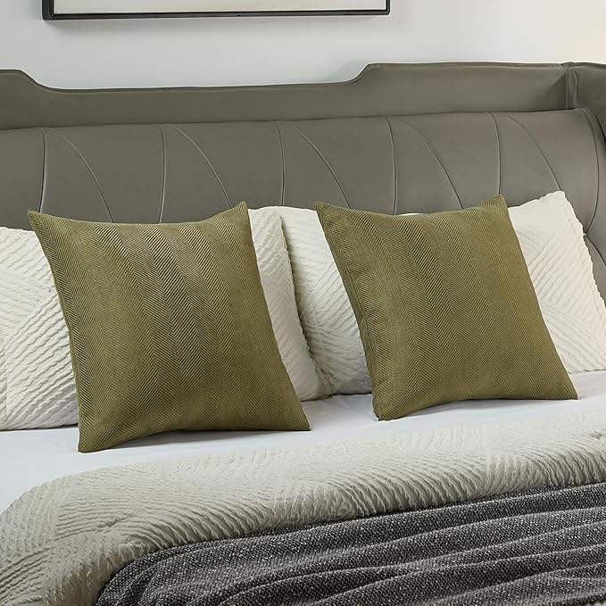 FUTEI Olive Green Chenille Throw Pillow Covers 20x20 Inch Set of 2,Soft Wide Chevron Textured Cushion Case,Farmhouse Home Decor for Couch Bed Living Room