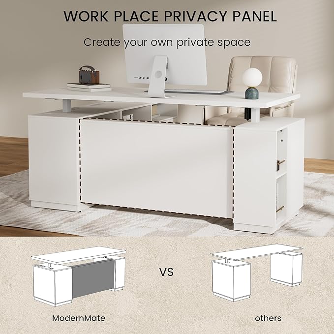 71" L Shaped Executive Desk with File Cabinet, Electric Adjustable Height Standing Desk for Home and Office, Furniture Sets with Multiple Functions, AC/USB, 1.18" Desktop, White Rattan