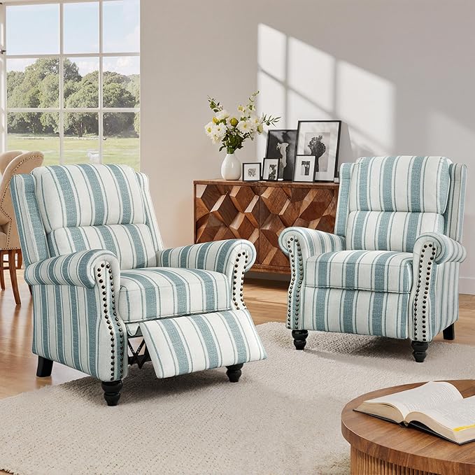 Lumibee Recliner Chairs Set of 2,Pushback Armchairs for Small Spaces,Adjustable Backrest & Footrest Accent Chairs in Comfy Fabric for Living Room, Bedroom-Stripe Bluee