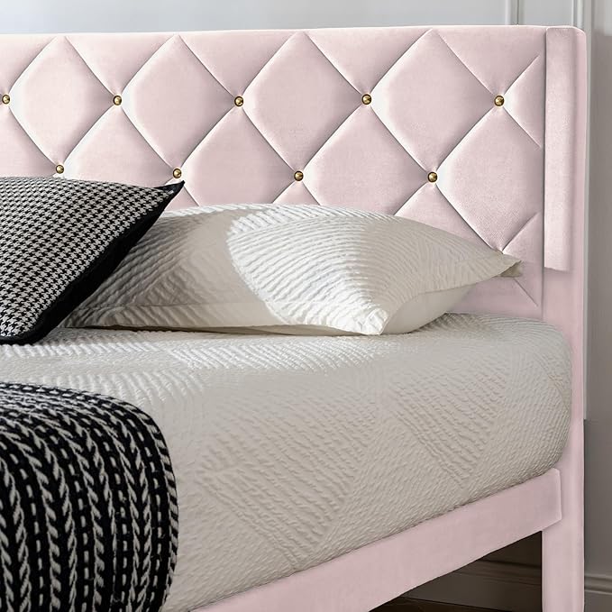 Queen Size Platform Bed Frame with Velvet Upholstered Headboard and Sturdy Wooden Slats Support,Mattress Foundation,Easy Assembly, No Box Spring Needed,Slip Resistant (Pink, Queen)