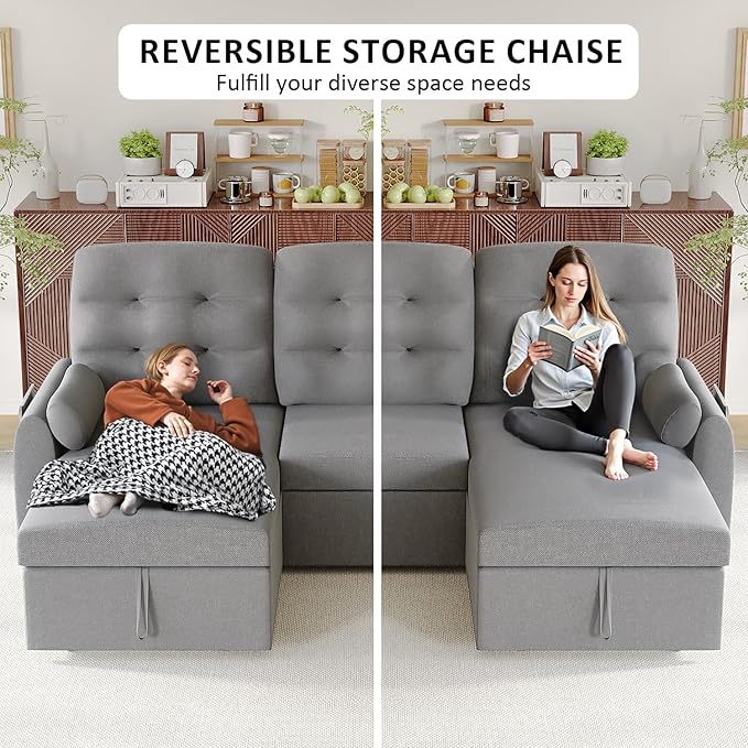 Ucloveria Sleeper Sofa Bed, 86" Convertible Sectional Sofa Couches for Living Room, Pull Out Couch Bed with Reversible Storage Chaise | USB Ports | Side Pockets | Removable Backrest