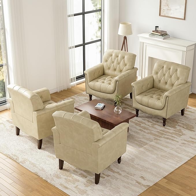 Faux Leather Accent Chairs Set of 4, Upholstered Armchairs with Nailhead Trims & Wood Legs for Living Room, Bedroom, Contemporary Comfy Club Chairs for Office-Beige