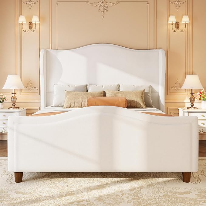 koorlian King Size Bed Frame Chenille Upholstered Platform Bed with 51" Tall Headboard and High Deep Tufted Footboard, Modern Retro Minimalist Style Wingback Sleigh Bed, Easy Assembly, Cream