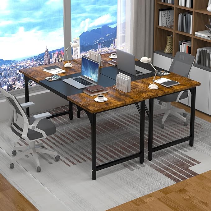 55inch Computer Desk with Deeper Carbon Fiber Desktop, Gaming Office Desk with Sturdy Metal Frame,Home Office Desk for Gaming, Working, Studying, Rustic Brown