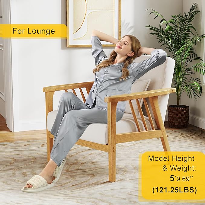 Mid-Century Modern Accent Chair, Linen Armchair and Lounge Chair with Lumbar Pillow, Wide Seat & Solid Wood Frame for Living Room, Bedroom or Balcony(Beige)