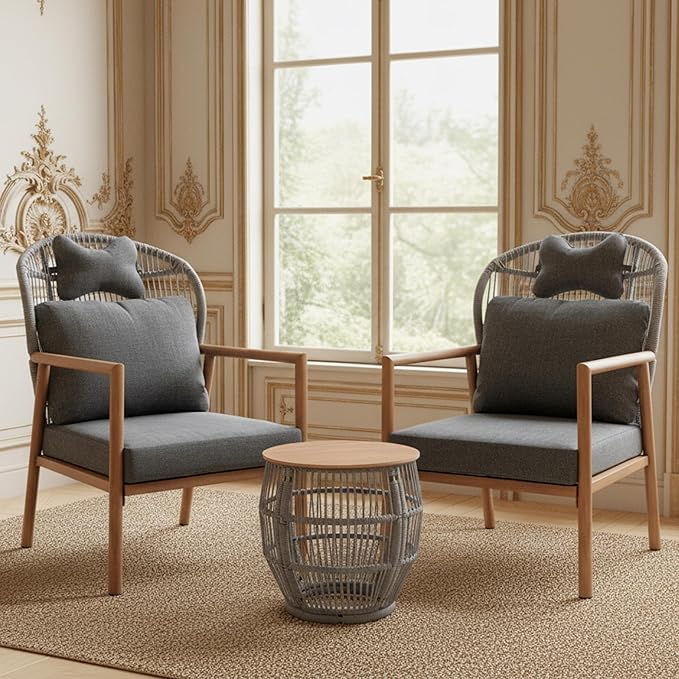 Modern Living Room Chairs, Accent Chairs Set of 2 with Coffee Table, Comfy Arm Chair with Cushions/Headrest, Reading Lounge Chair, Rattan Recliner Seating, Braid Armchair for Bedroom, Grey