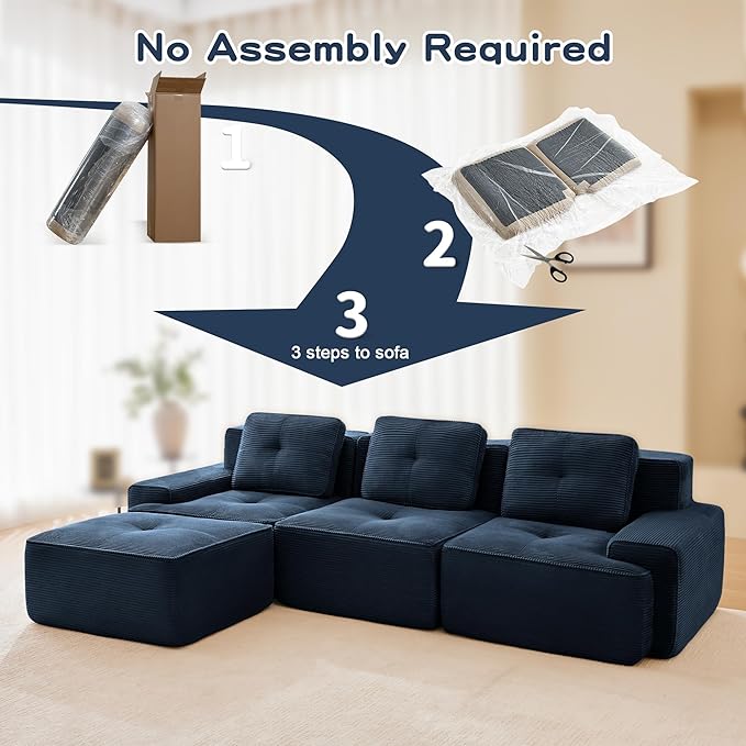 115.3” Blue Boneless Couches for Living Room, Modular Sectional Sofa with L-Shape Chaise, 3 Seater Comfy Upholstered Deep Seat Corduroy Fabric Cloud Couch No Assembly, Anti-Slip Design