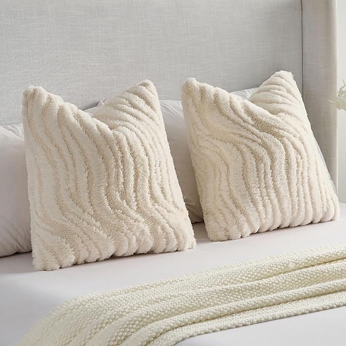 FUTEI Cream Decorative Throw Pillow Covers 16x16 Inch Set of 2,Soft Faux Fur Geometric Shapes Texture Cushion Case,Boho Home Decor for Couch Bed Living Room
