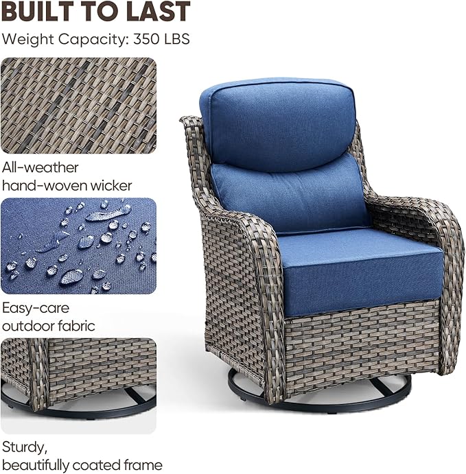 Swivel Patio Chairs sofa Set of 6 with 6" Thick Cushion - Wicker Outdoor Swivel Rocker Patio Chair ,Sofa/Glass coffee table, High Back Comfortable Outdoor Glider Chairs - Gery Wicker Blue Cushions
