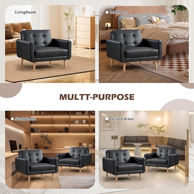 CANMOV 29" W Oversized Leather Accent Chair Set of 2, Armchair Button Back, Mid Century Modern Accent Chairs for Living Room, Modern Upholstered Bed Room Chair Cozy Armchair with Wood Legs, Black