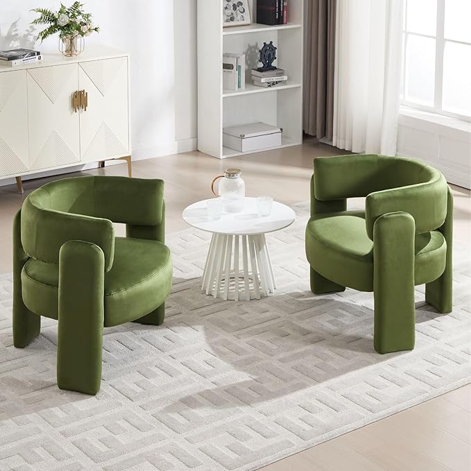 Set of 2 Accent Chairs with Arms, Upholstered Barrel Armchair with Curved Back, Comfy Single Side Chair for Reading, Living Room, Home Office, Green