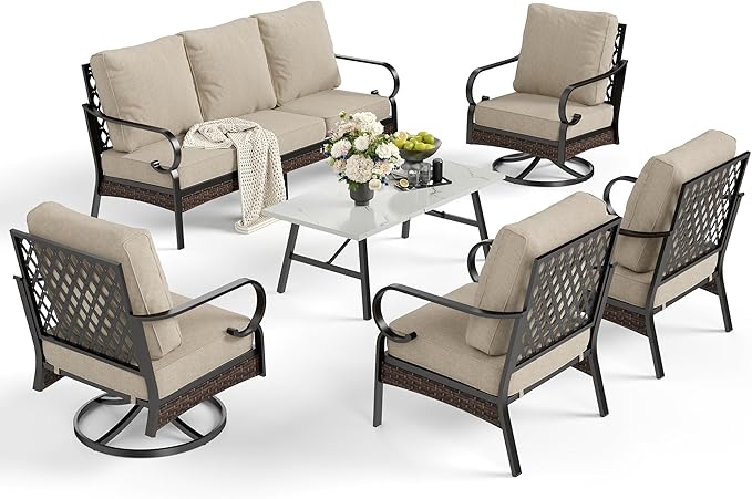 6 Piece Metal Outdoor Patio Furniture Set, Patio Conversation Set with 3-Seater Couch, 2 Fixed Sofa, 2 Swivel Sofa (5.75" Thick Cushion) & Coffee Table Black Backyard Furniture, Beige