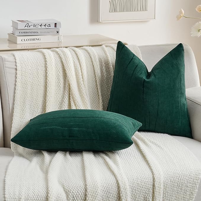 FUTEI Dark Green Chenille Decorative Throw Pillow Covers 24x24 Inch Set of 2,Soft Embossed Striped Textured European Cushion Case,Modern Home Decor for Couch Bed Living Room
