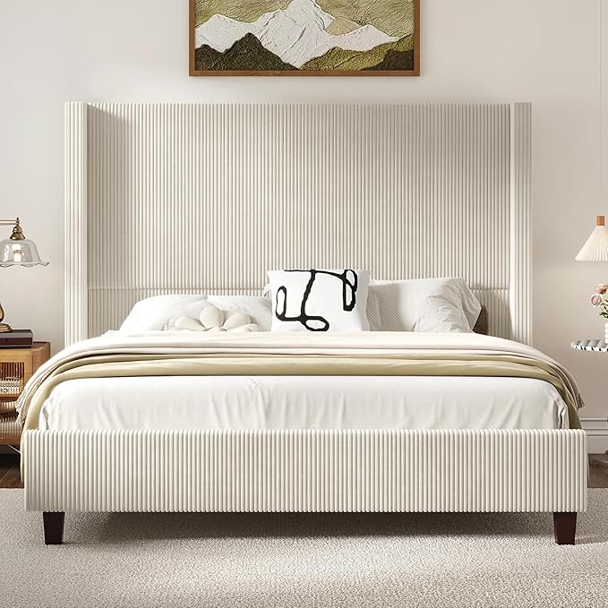 HOWE Queen Size 61" Corduroy Upholstered Bed Frame, Platform Bed with Vertical Stripe Wingback Headboard, No Box Spring Needed/Noise Free/Solid Wood Slats & Legs/Cream