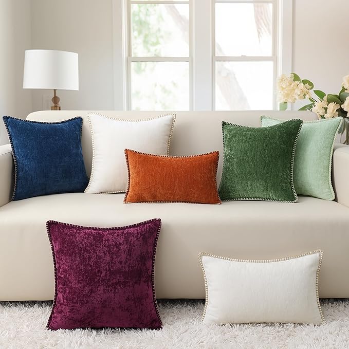 decorUhome Chenille Soft Throw Pillow Covers 26x26 Set of 2, Farmhouse Velvet Neutral Decorative Euro Pillow Covers with Stitched Edge for Couch Sofa Bed Home Decor, Mineral Yellow
