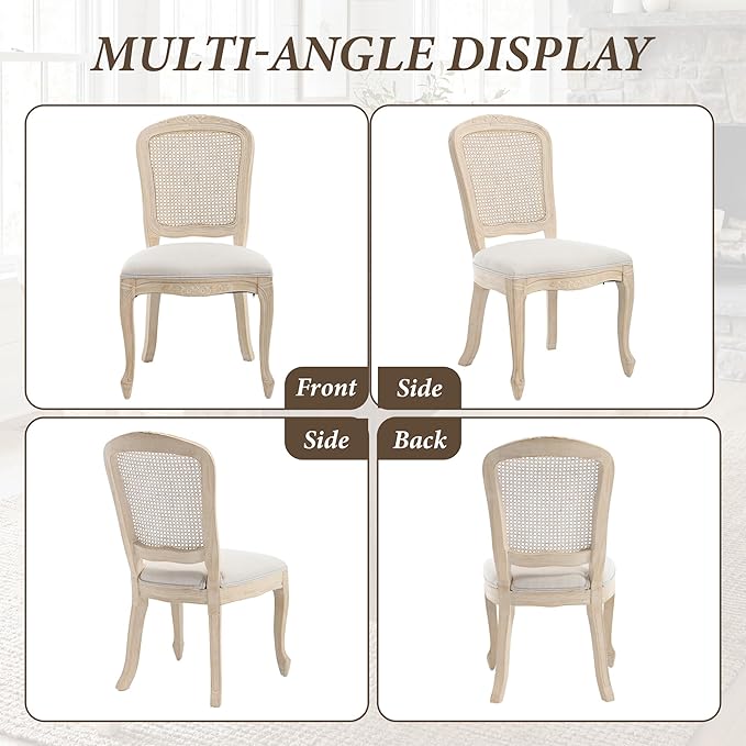 Wicker Dining Chairs Set of 6, Upholstered Linen Fabric Dining Room Chairs with Square High Rattan Back Farmhouse French Kitchen Chairs for Dining Table/Living Room/Restaurant, White