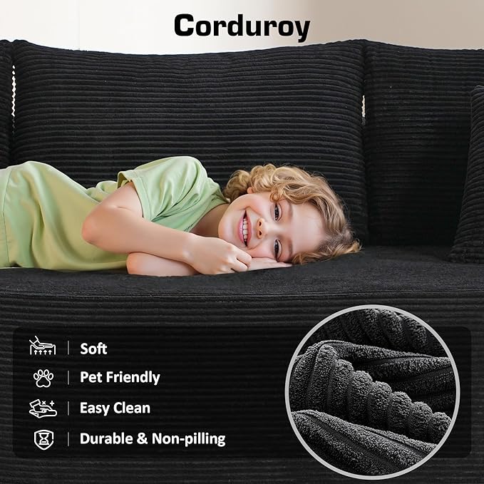 106" Cloud Sectional Couch with Chaise Lounge,L Shaped Modular Modern Sofa,Comfy Corduroy Fluffy Sofa with Deep Seat,No Assembly Required Couch for Living Room(Left,Stripe Corduroy,Black)