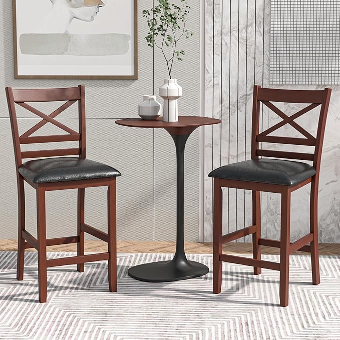 COSTWAY Barstools Set of 4, 25” Counter Height Mid Century Modern Island Chairs with Back, Soft Cushion & Faux Leather Seat, Wooden Armless Kitchen Stools for Home, Cafe Shop, Restaurant, Pub