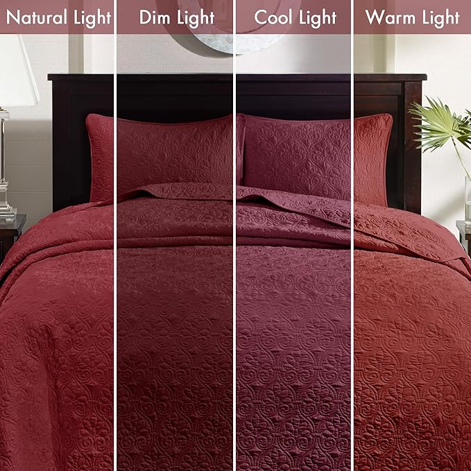 Madison Park Quebec King Size Quilt Bedding Set - Red , Damask – 3 Piece Bedding Quilt Coverlets – Ultra Soft Microfiber Bed Quilts Quilted Coverlet