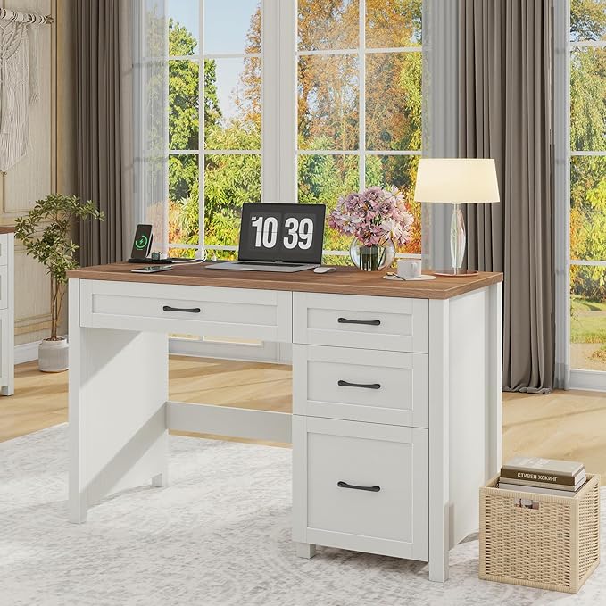 Vabches Farmhouse 47" Executive Desk, Computer Desk with File Drawer and Charging Station, Workstation for Home Office & Study(Off White